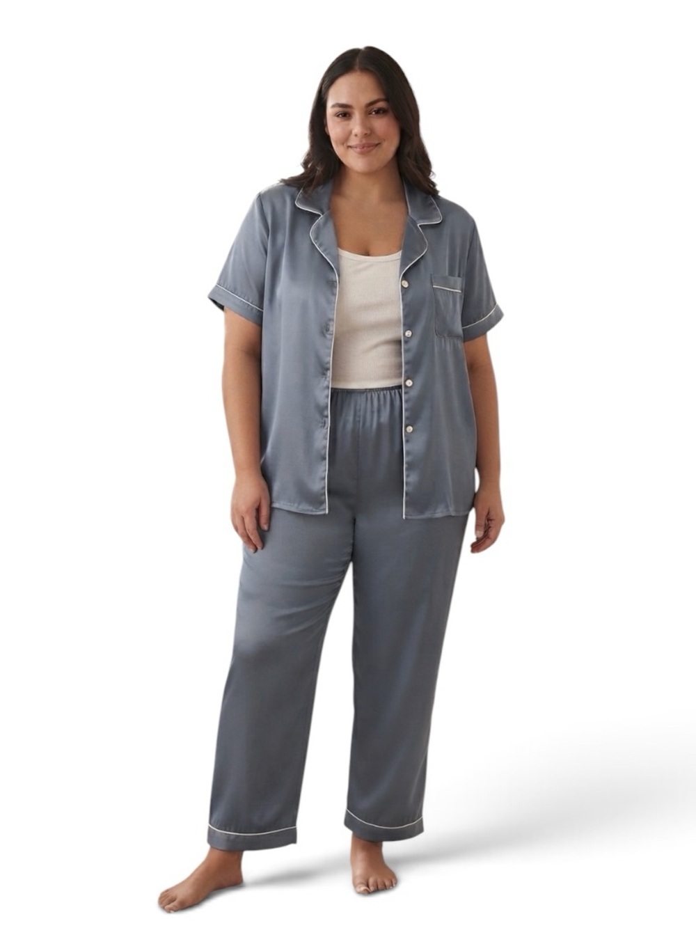 REVELRY gray  Satin Short Sleeve Button-Down Pajama Set with Pants Size 2XL